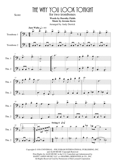 The Way You Look Tonight For Trombone Duet Sheet Music