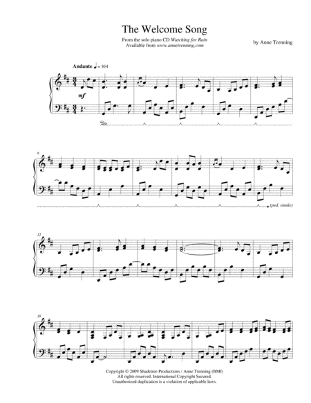 Free Sheet Music The Welcome Song By Anne Trenning Sheet Music For Piano