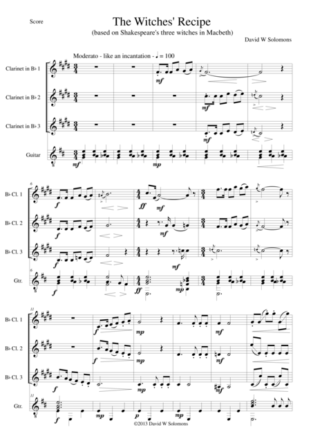 Free Sheet Music The Witches Recipe For Three Clarinets And Guitar