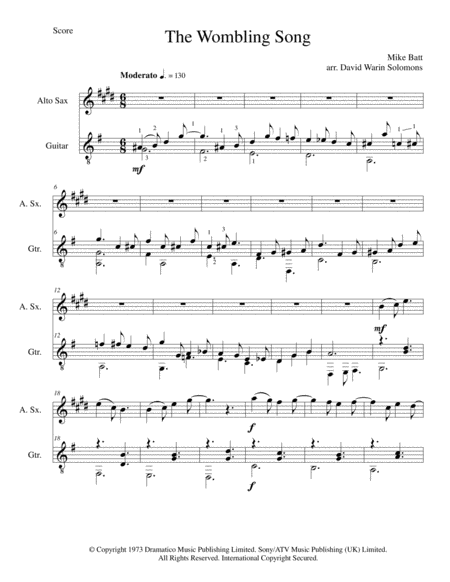 The Wombling Song Arranged For Alto Saxophone And Classical Guitar Sheet Music