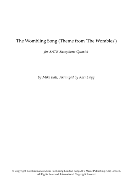 The Wombling Song Mike Batt For Satb Quartet Optional Clarinet Instead Of Soprano Sax Kids Tv Theme From 1970 80 S Sheet Music