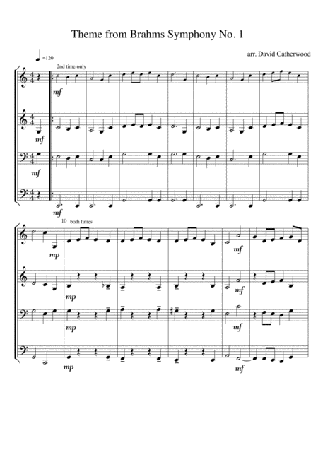Free Sheet Music Theme From Brahms Symphony No 1 Arranged By David Catherwood