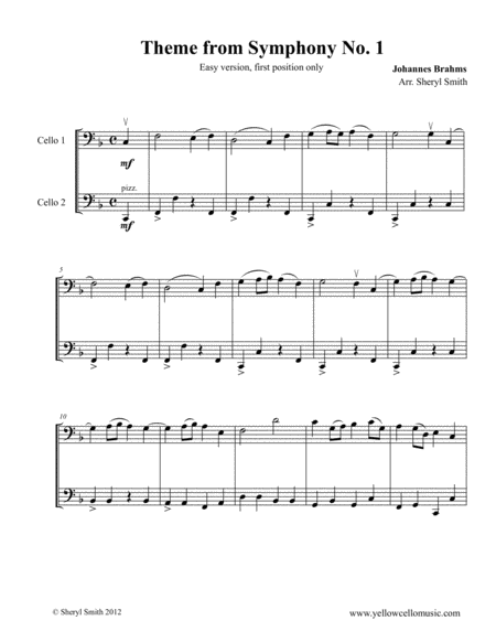 Free Sheet Music Theme From Brahms Symphony No 1 Fourth Movement For Two Beginner Cellos Cello Duo