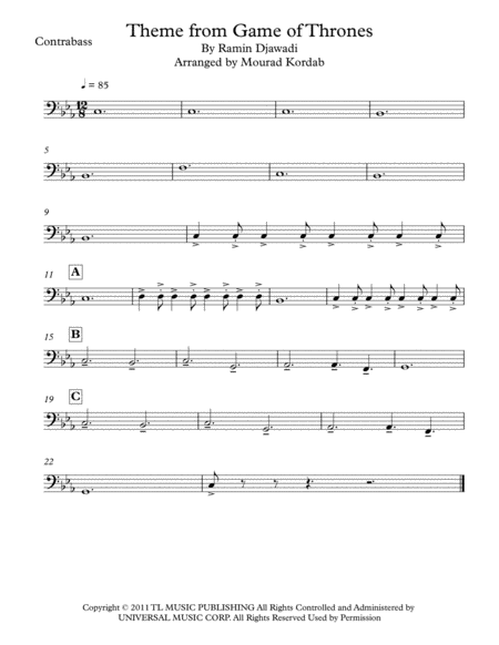 Theme From Game Of Thrones For String Quintet Intermediate Double Bass Contrabass Sheet Music