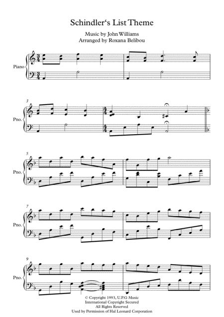 Theme From Schindlers List By John Williams Piano Sheet Music