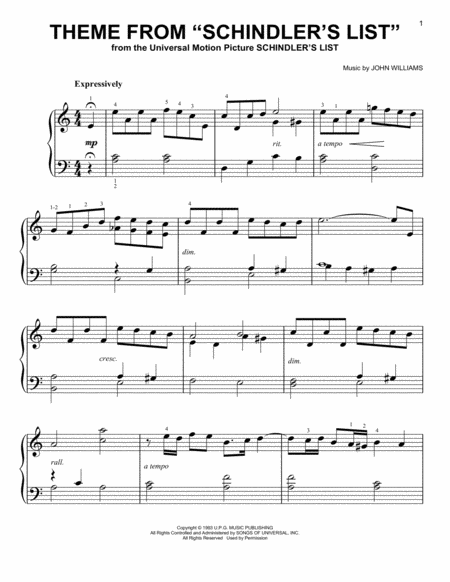 Free Sheet Music Theme From Schindlers List