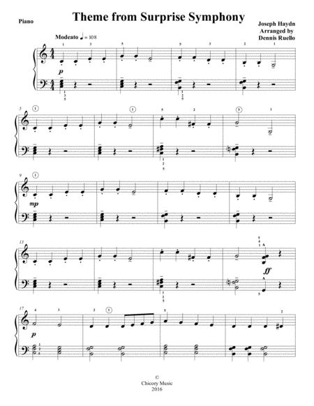 Theme From Surprise Symphony By Joseph Haydn Piano Solo Beginner Level Sheet Music