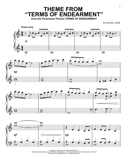 Free Sheet Music Theme From Terms Of Endearment