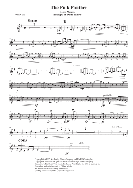 Theme From The Pink Panther Arranged For Violin Or Viola And Piano Sheet Music