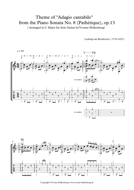 Free Sheet Music Theme Of Adagio Cantabile From The Piano Sonata No 8 Arranged For Solo Guitar