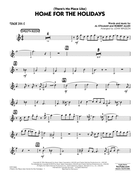 Theres No Place Like Home For The Holidays Arr John Wasson Tenor Sax 2 Sheet Music