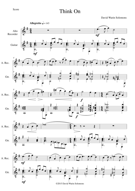 Think On For Alto Recorder And Guitar Sheet Music