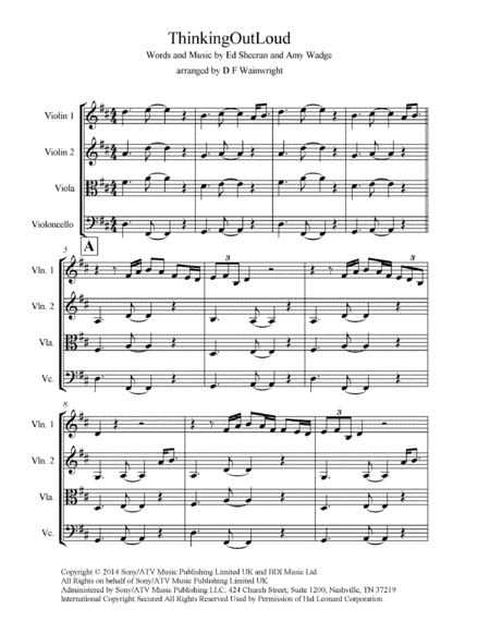 Free Sheet Music Thinking Out Loud Arranged For String Quartet Score And Parts With Rehearsal Letters Mp3