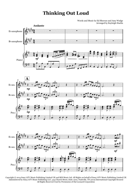 Thinking Out Loud By Ed Sheeran Solo Saxophone In Eb Bb With Piano Sheet Music