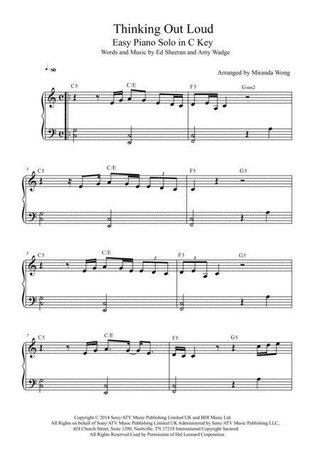 Free Sheet Music Thinking Out Loud Easy Piano Solo In C Key With Chords