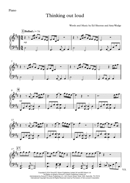 Free Sheet Music Thinking Out Loud Easy Piano Version