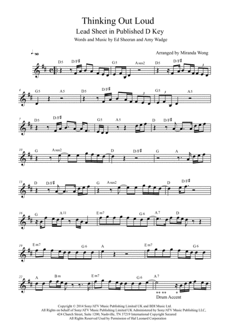 Free Sheet Music Thinking Out Loud Lead Sheet In Published D Key With Chords