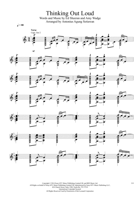 Free Sheet Music Thinking Out Loud Solo Guitar Score