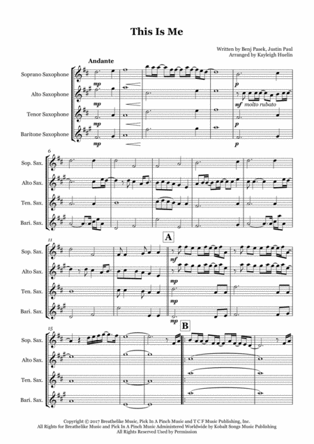 Free Sheet Music This Is Me From The Greatest Showman Saxophone Quartet Satb