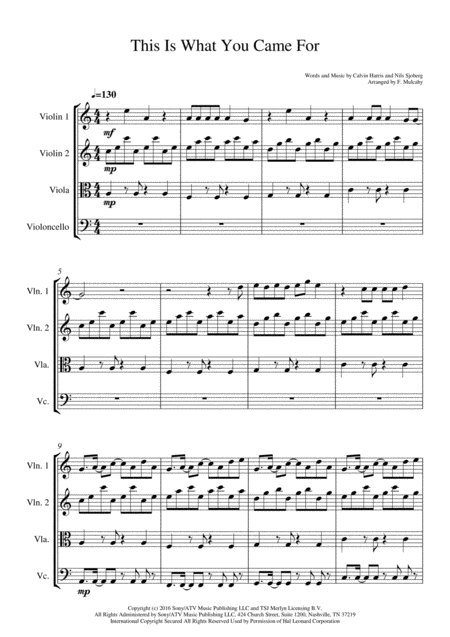 This Is What You Came For By Calvin Harris Featuring Rhianna For String Quartet In A Minor Sheet Music