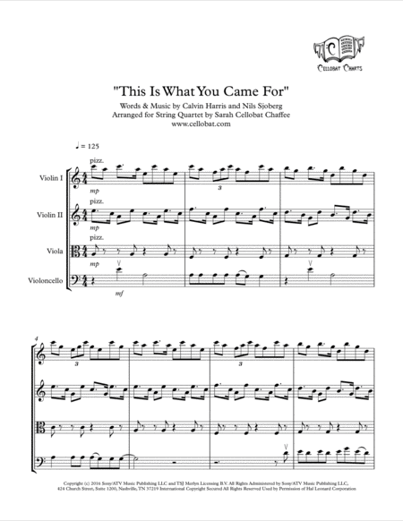 Free Sheet Music This Is What You Came For String Quartet Calvin Harris Rihanna Arr Cellobat