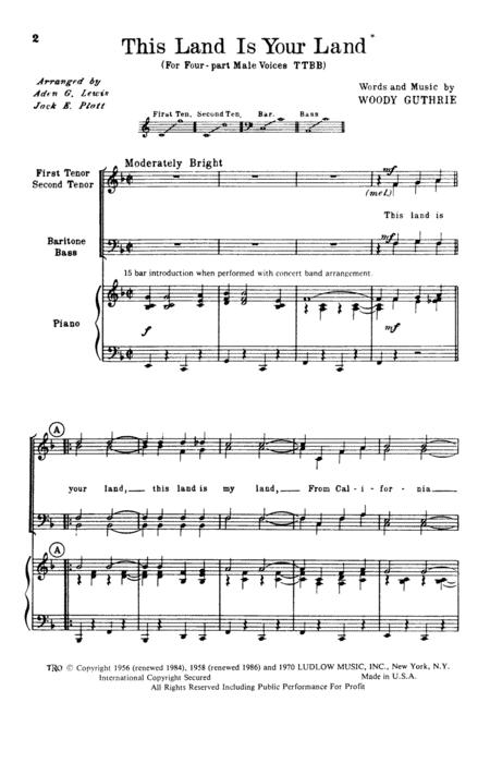 Free Sheet Music This Land Is Your Land Arr Aden G Lewis And Jack E Platt