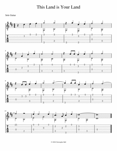Free Sheet Music This Land Is Your Land Solo Guitar Level 2