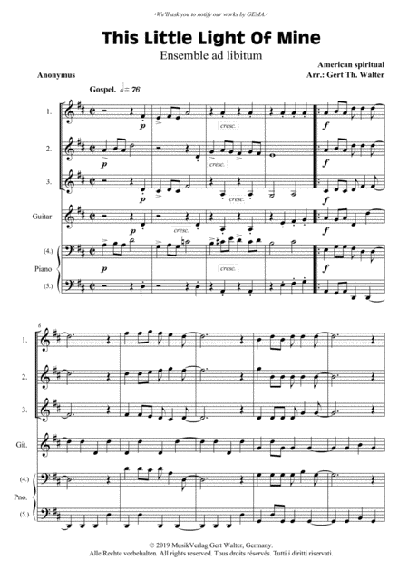 Free Sheet Music This Little Light Of Mine