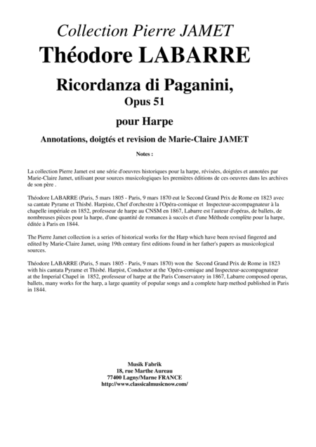 Thodore Labarre Ricordanza Di Paganini For Solo Harp Sheet Music