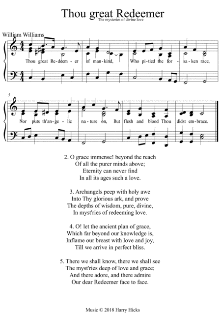 Thou Great Redeemer A New Tune To A Wonderful William Williams Hymn Sheet Music