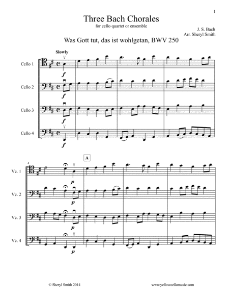 Three Bach Chorales For Cello Quartet Or Ensemble Four Cellos Sheet Music