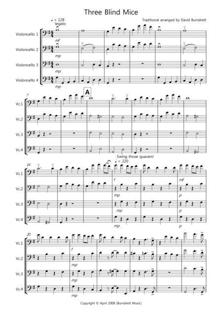 Free Sheet Music Three Blind Mice For Cello Quartet