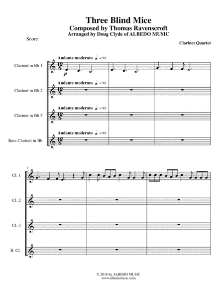 Three Blind Mice For Clarinet Quartet Sheet Music