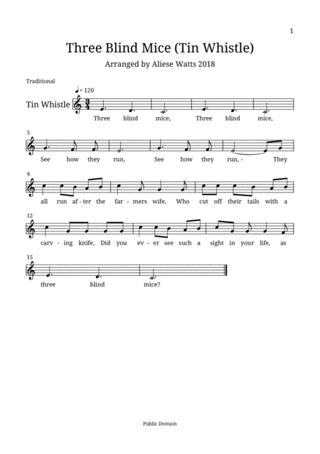 Three Blind Mice Tin Whistle Sheet Music