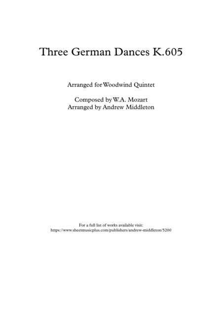 Three German Dances K 605 Arranged For Wind Quintet Sheet Music