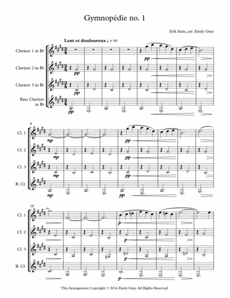 Three Gymnopedies Clarinet Quartet Sheet Music