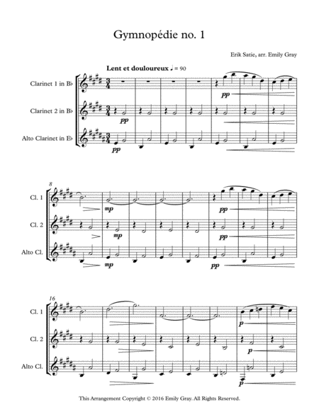 Three Gymnopedies Clarinet Trio With Alto Clarinet Sheet Music