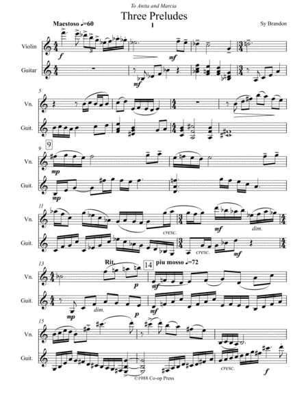 Free Sheet Music Three Preludes For Violin And Guitar