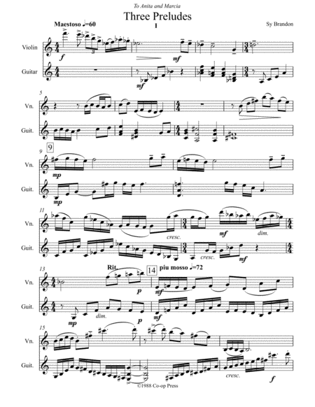 Three Preludes For Violin And Guitar Sheet Music