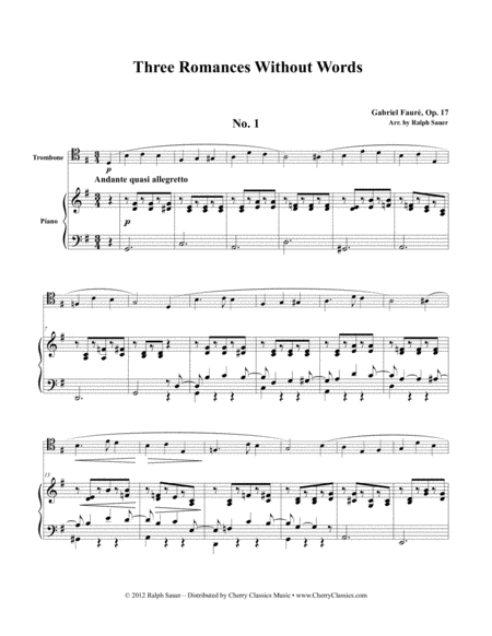 Three Romances Without Words Op 17 For Trombone Piano Sheet Music