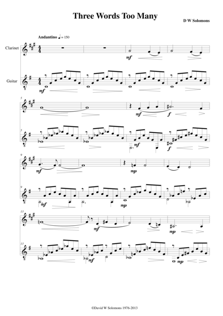Free Sheet Music Three Words Too Many For Clarinet And Guitar