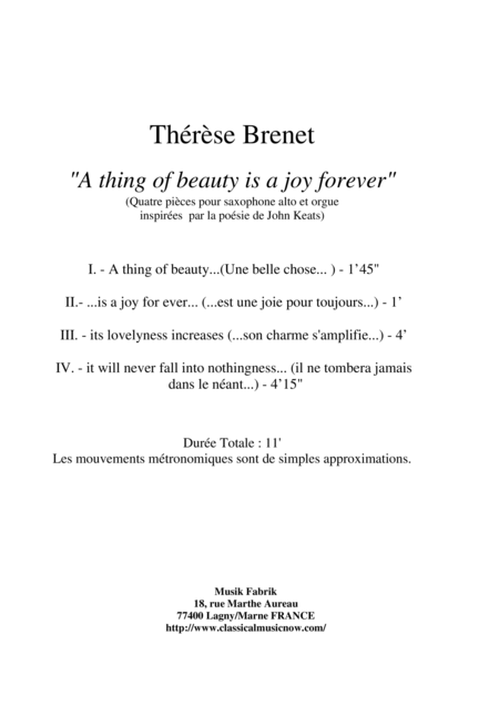 Free Sheet Music Thrse Brenet A Thing Of Beauty Is A Joy Forever For Alto Saxophone And Organ