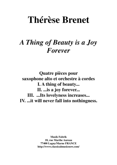 Thrse Brenet A Thing Of Beauty Is A Joy Forever For Alto Saxophone And String Orchestra Score And Solo Part Sheet Music