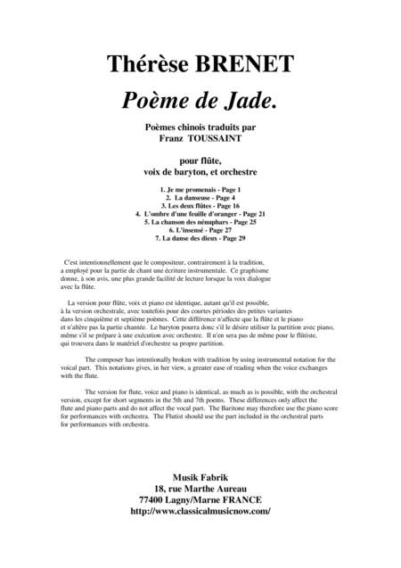 Free Sheet Music Thrse Brenet Pome De Jade Seven Mlodies On Chinese Poems For Baritone Flute Solo And Orchestra