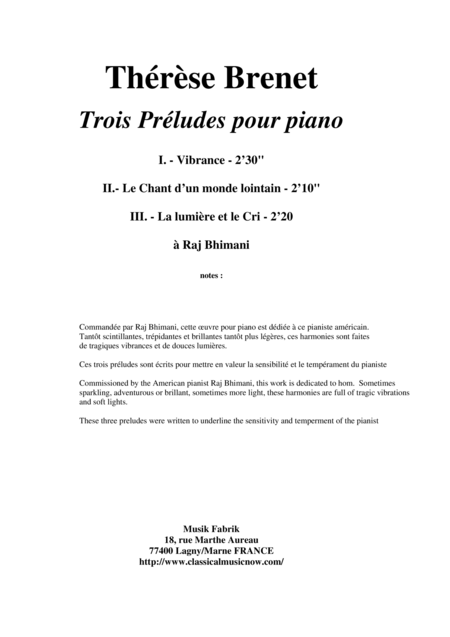 Thrse Brenet Trois Prludes Pour Le Piano Sheet Music