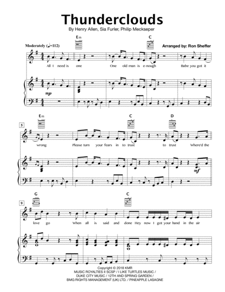 Thunderclouds Sia In The Original Key Sheet Music