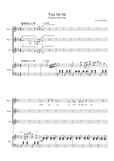 Free Sheet Music Tian Mi Mi Chinese Folk Song