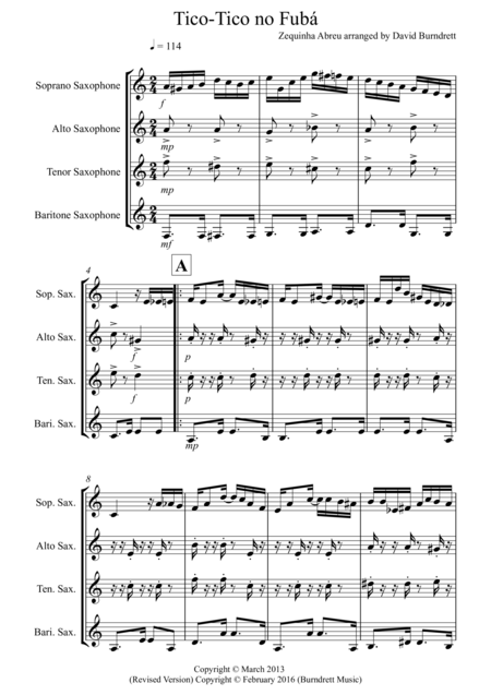 Free Sheet Music Tico Tico For Saxophone Quartet