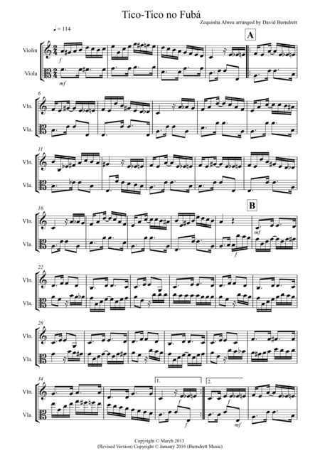 Tico Tico For Violin And Viola Duet Sheet Music