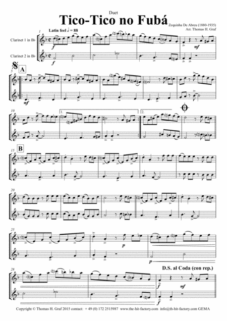 Tico Tico No Fub Choro Duet Clarinet Sheet Music